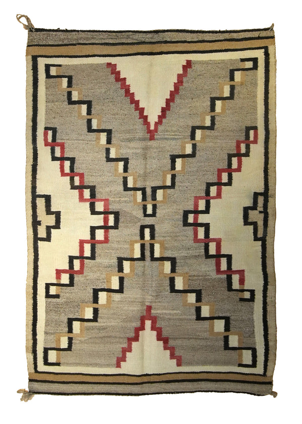 A23728 Native American Rug Navajo Handmade Area Tribal Antique 3'8'' x 5'3'' -4x5- Gray Whites Beige Red Geometric Design