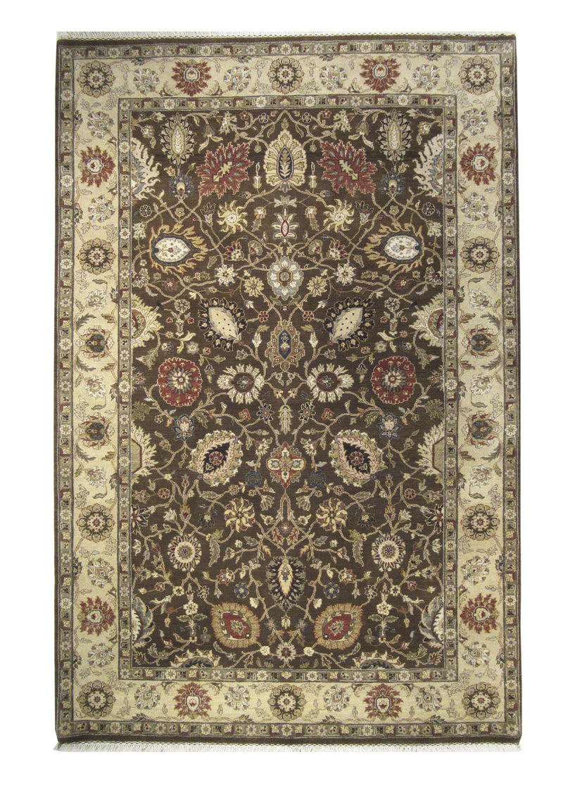 A23839 Oriental Rug Indian Handmade Area Transitional 6'1'' x 9'3'' -6x9- Brown Whites Beige Tea Washed Oushak Design