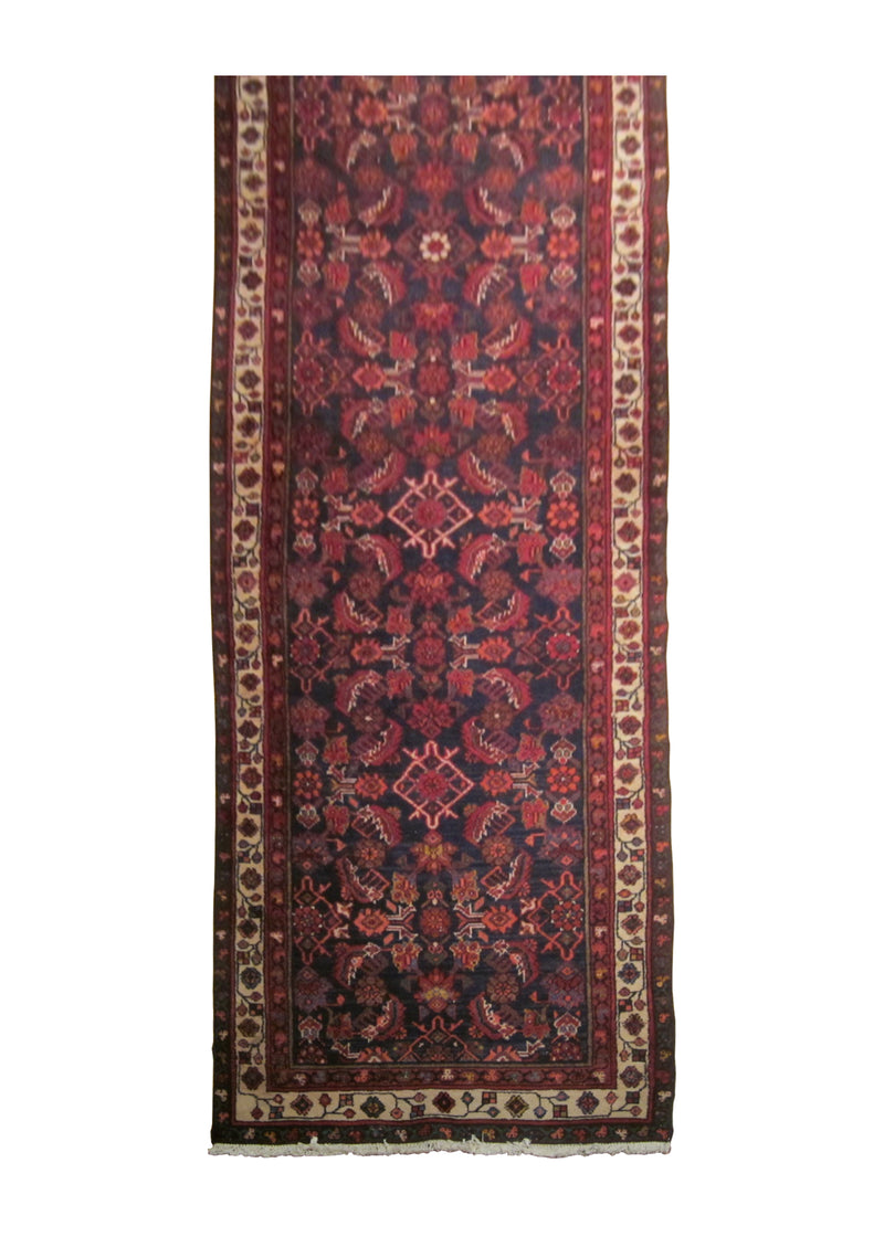 A23879 Persian Rug Hamadan Handmade Runner Tribal 3'3'' x 12'2'' -3x12- Blue Red Geometric Design
