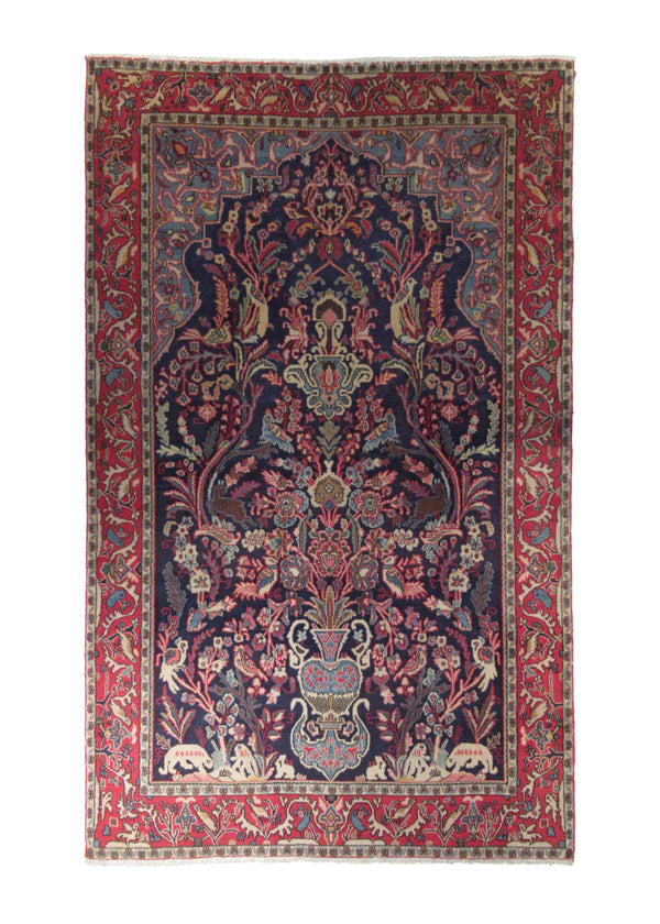A23884 Persian Rug Hamadan Handmade Area Tribal 4'2'' x 6'8'' -4x7- Blue Red Tree of Life Design