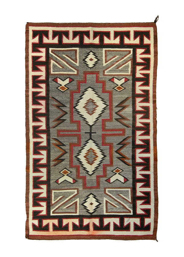 A24113 Native American Rug Navajo Handmade Area Tribal Antique 9'0'' x 12'0'' -9x12- Gray Whites Beige Red Geometric Design.jpg