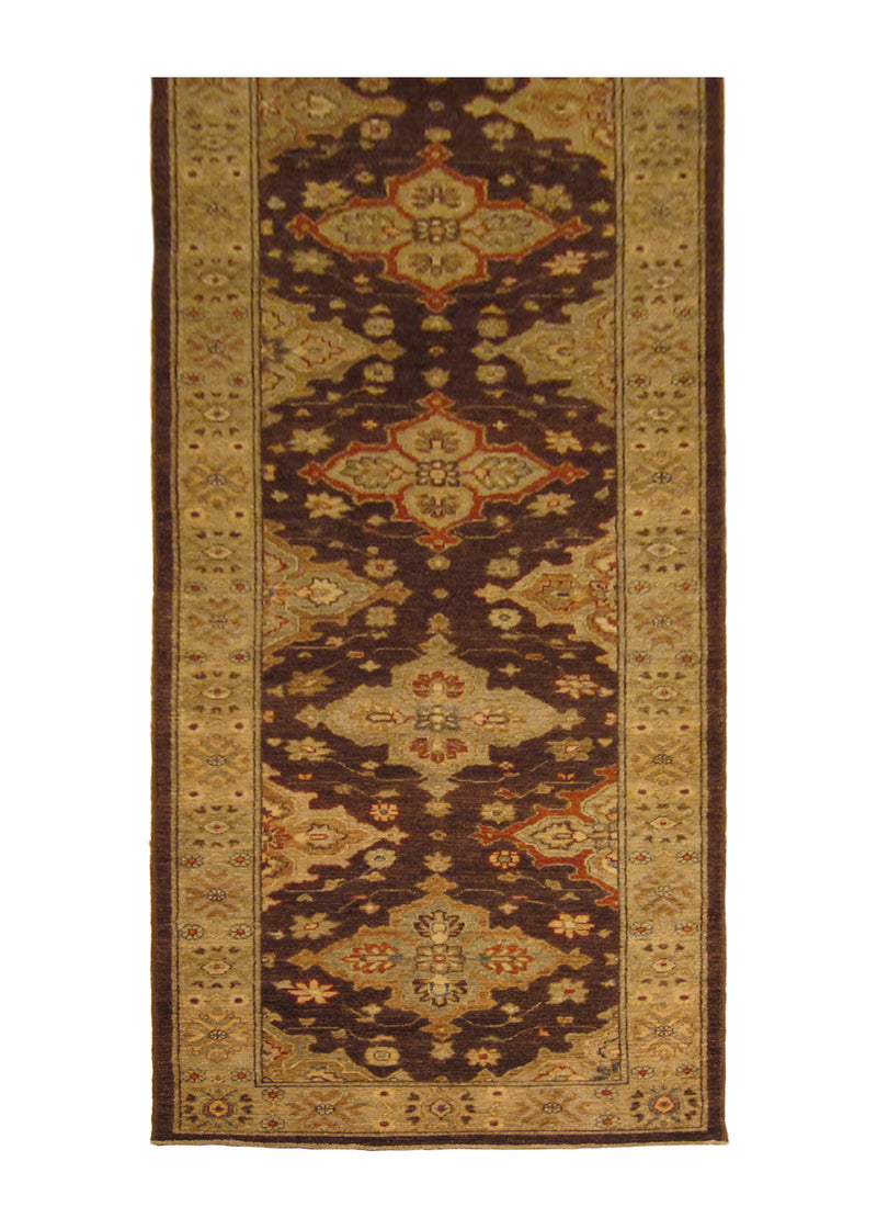 A24123 Oriental Rug Pakistani Handmade Runner Transitional 3'1'' x 13'10'' -3x14- Brown Whites Beige Antique Washed Oushak Floral Design