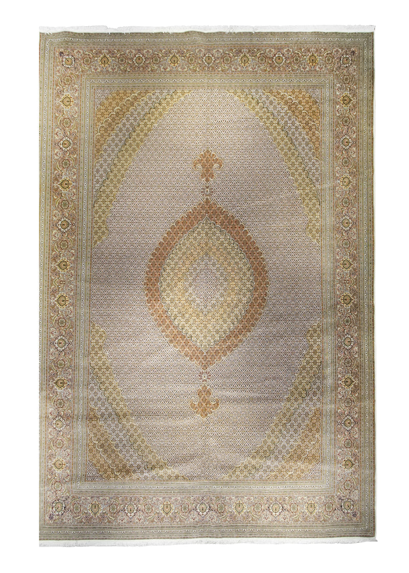 A24210 Persian Rug Tabriz Handmade Area Traditional 13'1'' x 19'3'' -13x19- Whites Beige Pink Green Mahi Fish Design