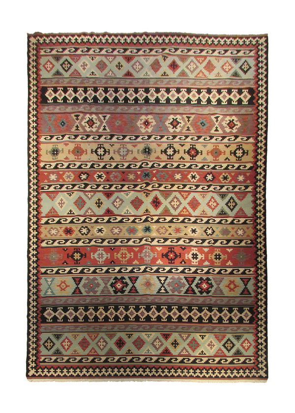 A24285 Oriental Rug Turkish Handmade Area Tribal 9'10'' x 13'8'' -10x14- Multi-color Green Kilim Geometric Design
