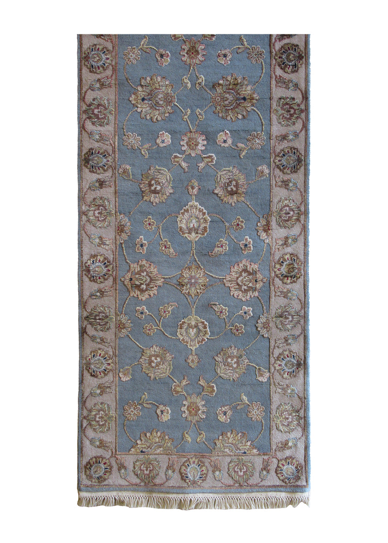 A24360 Oriental Rug Indian Handmade Runner Transitional 2'6'' x 10'0'' -3x10- Blue Whites Beige Tea Washed Floral Design