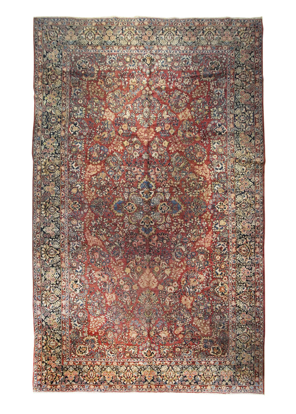 A24479 Persian Rug Sarouk Handmade Area Traditional Antique 10'5'' x 16'8'' -10x17- Red Blue Floral Design