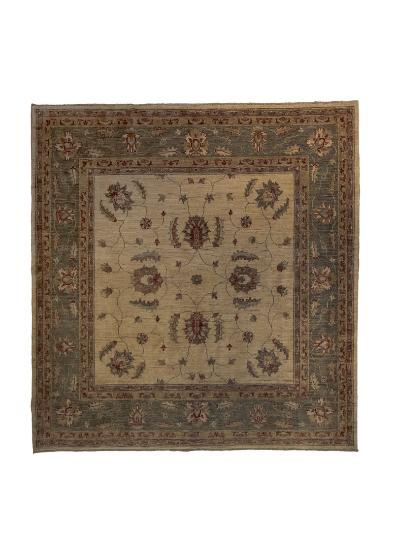A24516 Oriental Rug Pakistani Handmade Square Transitional 6'5'' x 6'9'' -6x7- Whites Beige Green Antique Washed Oushak Floral Design.jpg