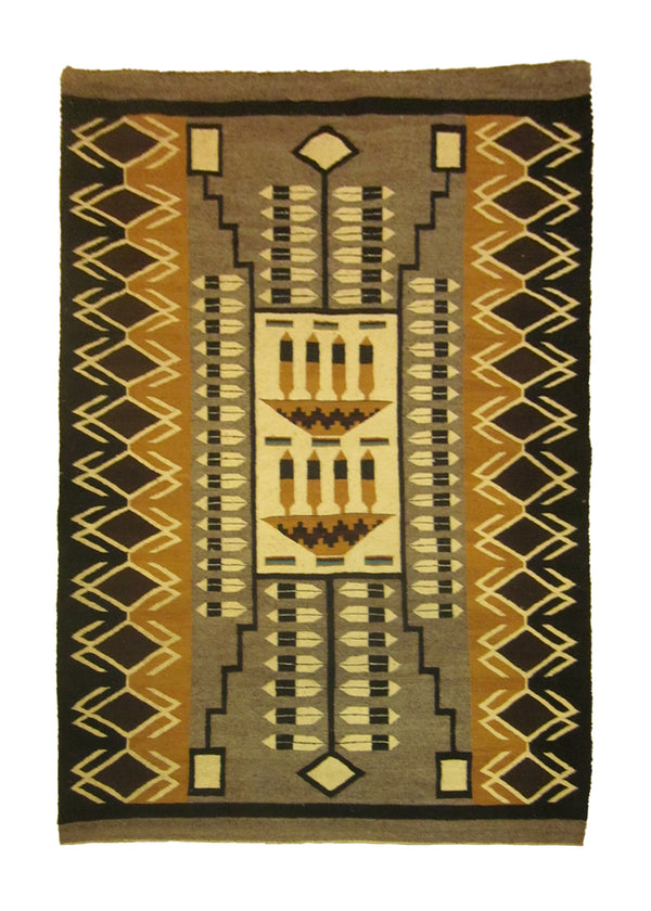 A24649 Native American Rug Navajo Handmade Area Tribal 3'8'' x 5'1'' -4x5- Gray Black Brown Storm Geometric Design