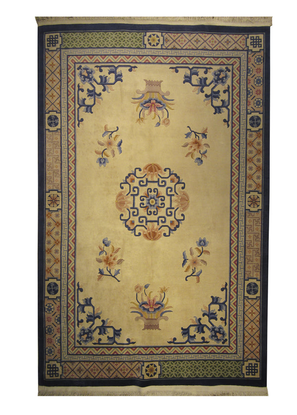 A24819 Oriental Rug Chinese Handmade Area Traditional 5'11'' x 9'1'' -6x9- Whites Beige Blue Floral Design