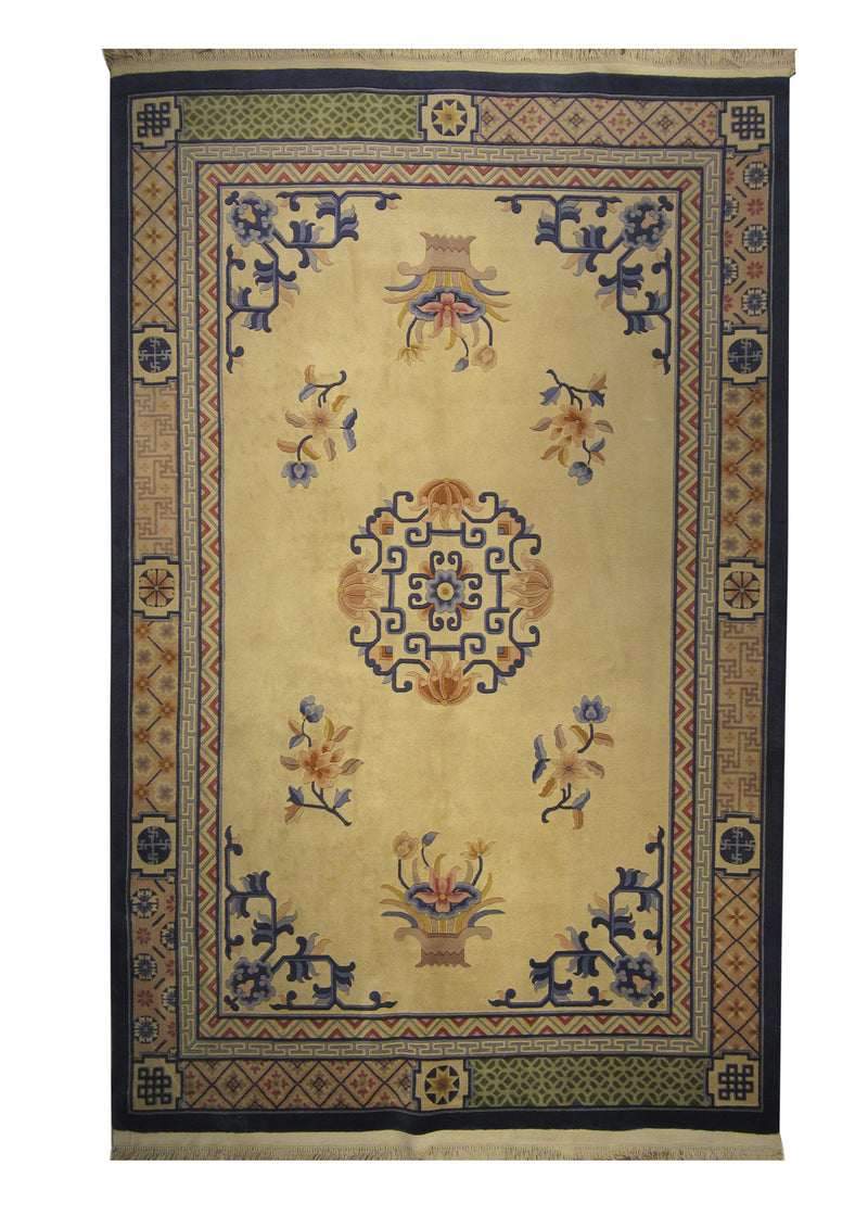 A24819 Oriental Rug Chinese Handmade Area Traditional 5'11'' x 9'1'' -6x9- Whites Beige Blue Floral Design
