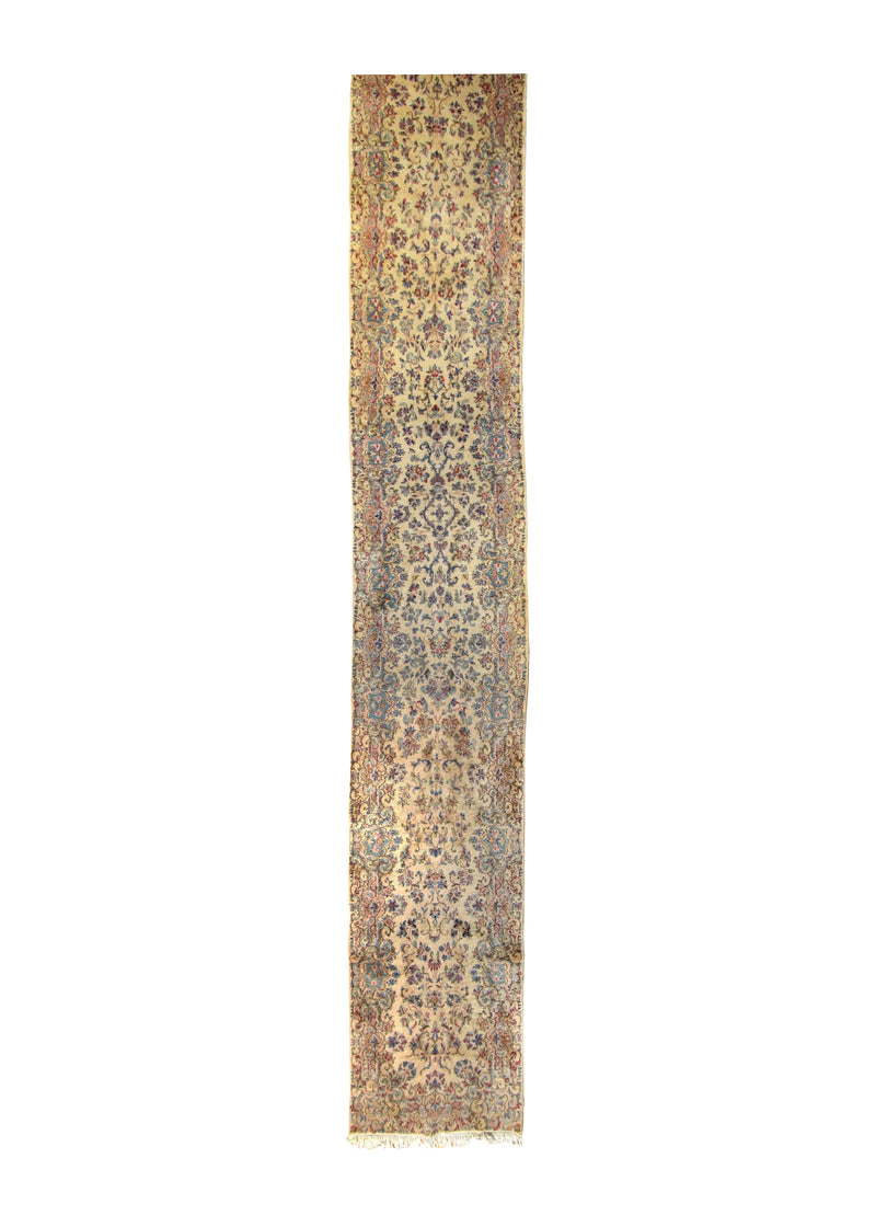 A24828 Persian Rug Kerman Handmade Runner Traditional 2'7'' x 18'4'' -3x18- Whites Beige Pink Floral Design