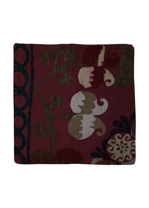 A24885 Oriental Rug Uzbek Handmade Pillow Traditional 1'4'' x 1'4'' -1x1- Red Suzani Floral Partition Design