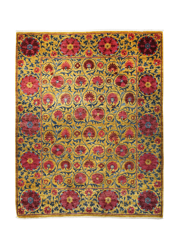 A24963 Oriental Rug Pakistani Handmade Area Transitional 8'1'' x 10'2'' -8x10- Yellow Gold Red Antique Washed Suzani Floral Design