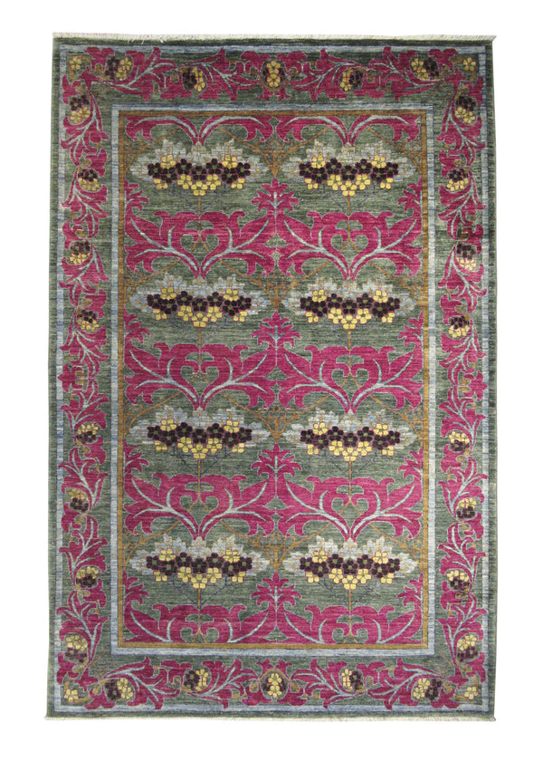 A24968 Oriental Rug Pakistani Handmade Area Transitional 5'12'' x 8'10'' -6x9- Green Pink Antique Washed Floral Oushak Design