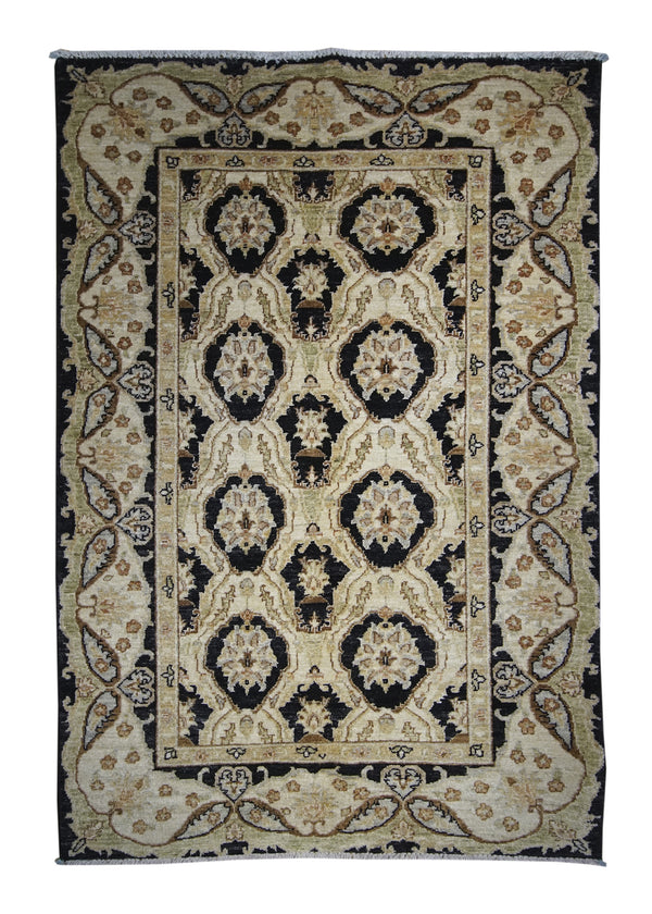 A24995 Oriental Rug Pakistani Handmade Area Transitional 3'10'' x 5'8'' -4x6- Black Whites Beige Green Antique Washed Oushak Floral Design