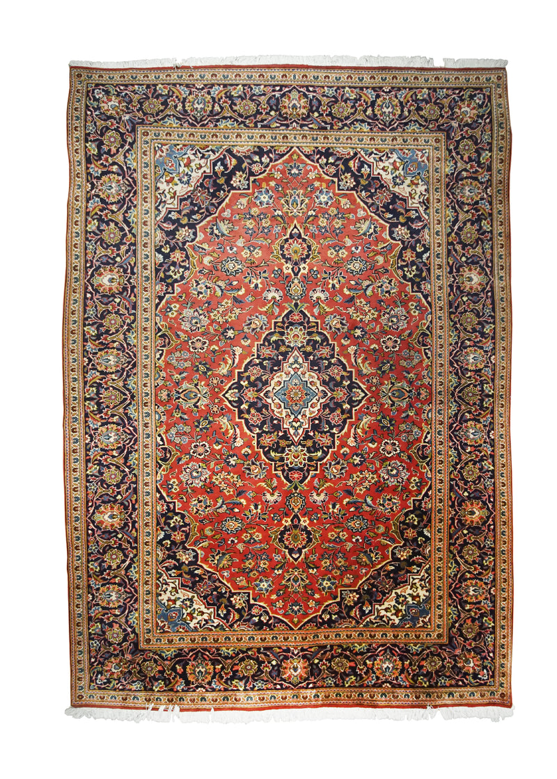 A25049 Persian Rug Kashan Handmade Area Traditional 6'9'' x 9'9'' -7x10- Red Blue Floral Toranj Mehrab Design