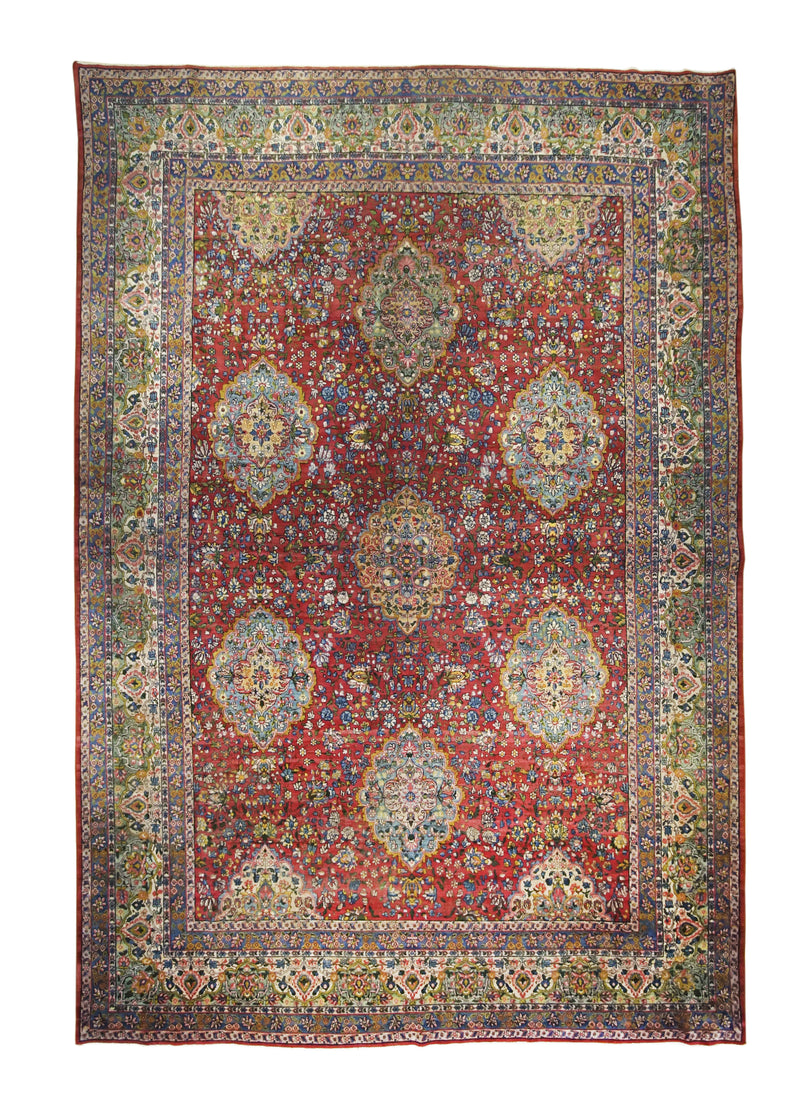 A25059 Persian Rug Lavar Kerman Handmade Area Traditional Antique 8'11'' x 13'1'' -9x13- Red Green Floral Design