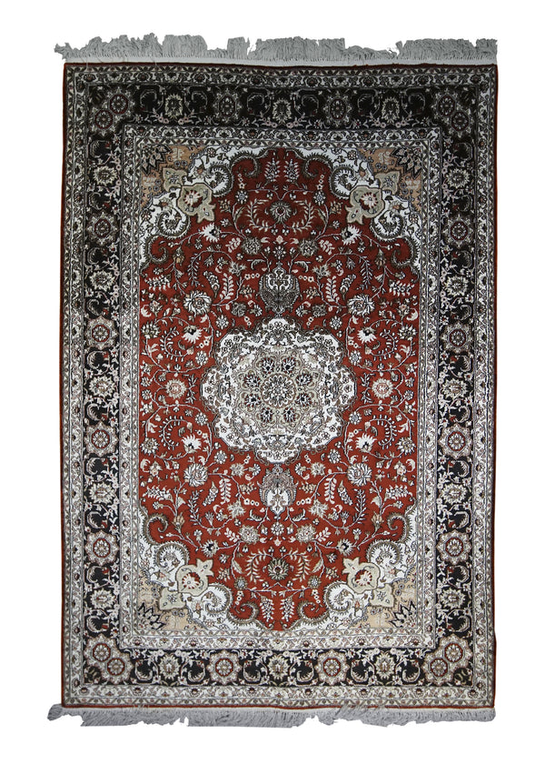 A25068 Oriental Rug Chinese Handmade Area Traditional 4'0'' x 6'0'' -4x6- Red Black Whites Beige Isfahan Floral Design