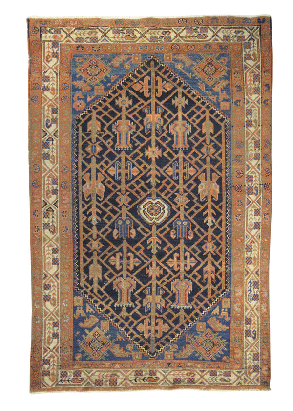 A25072 Persian Rug Hamadan Handmade Area Tribal 4'5'' x 6'6'' -4x7- Blue Orange Floral Design