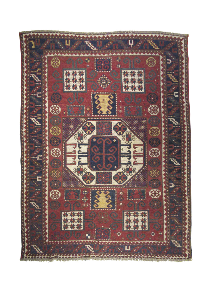 A25084 Caucasian Rug Kazak Handmade Area Tribal Antique 5'12'' x 7'10'' -6x8- Red Blue Karachopt Geometric Design