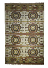 A25153 Oriental Rug Indian Handmade Area Transitional 3'11'' x 6'0'' -4x6- Whites Beige Red Soumak Geometric Design