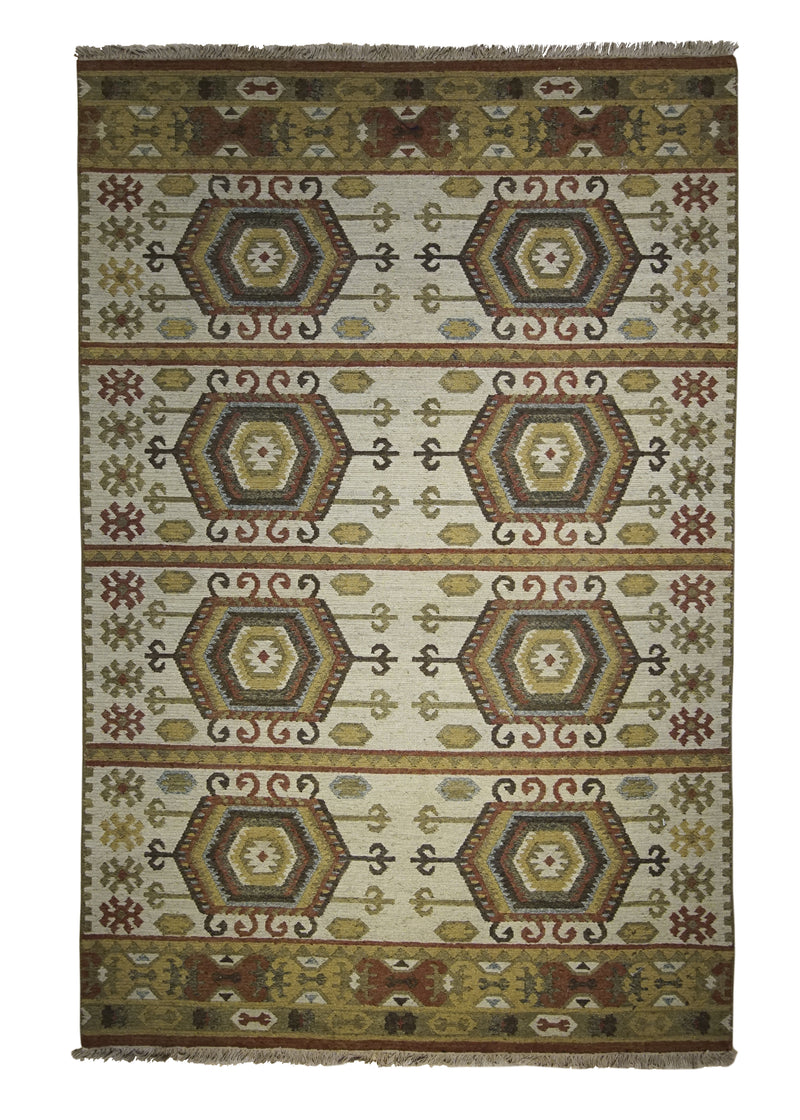 A25153 Oriental Rug Indian Handmade Area Transitional 3'11'' x 6'0'' -4x6- Whites Beige Red Soumak Geometric Design