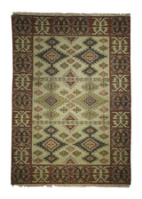A25161 Oriental Rug Indian Handmade Area Transitional 4'1'' x 5'10'' -4x6- Red Whites Beige Brown Soumak Geometric Design