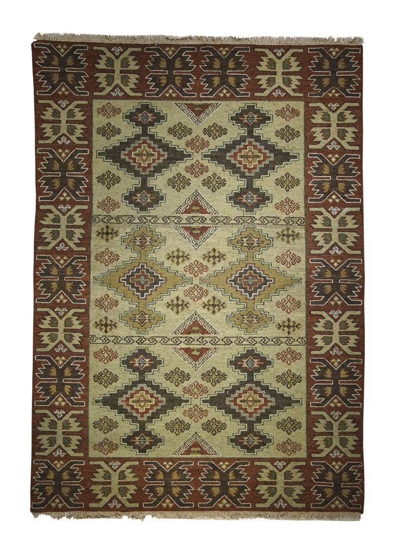 A25161 Oriental Rug Indian Handmade Area Transitional 4'1'' x 5'10'' -4x6- Red Whites Beige Brown Soumak Geometric Design