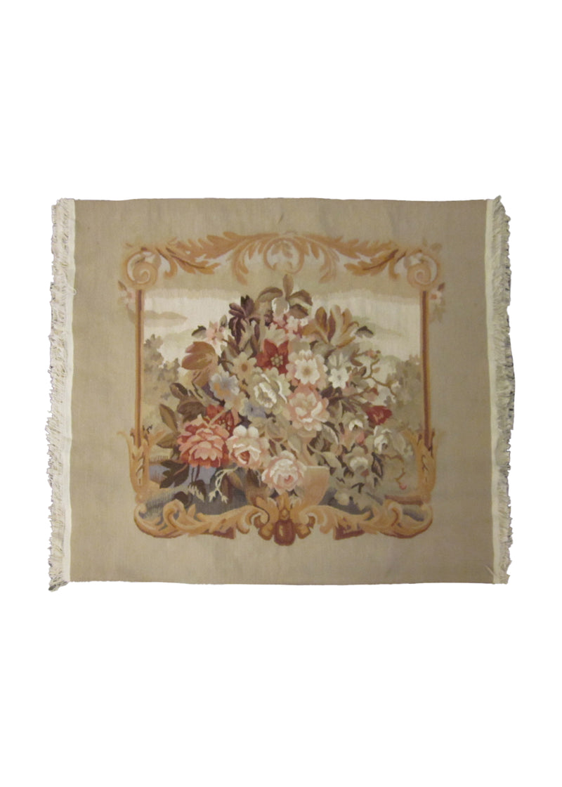 A25173 Oriental Rug Chinese Handmade Area Traditional 2'4'' x 2'5'' -2x2- Whites Beige Tapestry Floral Design