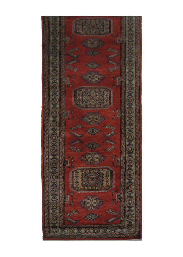 A25190 Oriental Rug Pakistani Handmade Runner Transitional Tribal 2'9'' x 13'7'' -3x14- Red Whites Beige Bokhara Elephant Foot Design