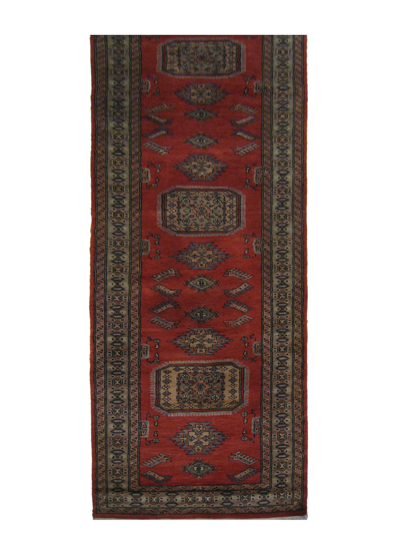 A25190 Oriental Rug Pakistani Handmade Runner Transitional Tribal 2'9'' x 13'7'' -3x14- Red Whites Beige Bokhara Elephant Foot Design