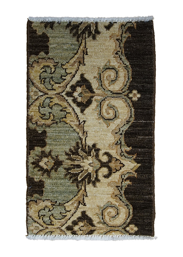 A25199 Oriental Rug Pakistani Handmade Area Transitional 1'2'' x 2'0'' -1x2- Brown Blue Antique Washed Oushak Geometric Partition Design