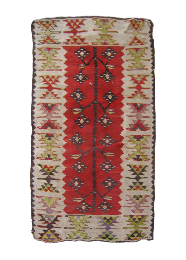 A25207 Oriental Rug Turkish Handmade Area Tribal 2'5'' x 4'0'' -2x4- Red Whites Beige Kilim Geometric Design