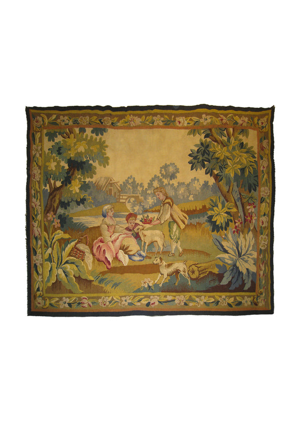 A25212 European Rug Handmade Area Traditional Antique 4'3'' x 5'6'' -4x6- Whites Beige Blue Tapestry Pictorial France Design