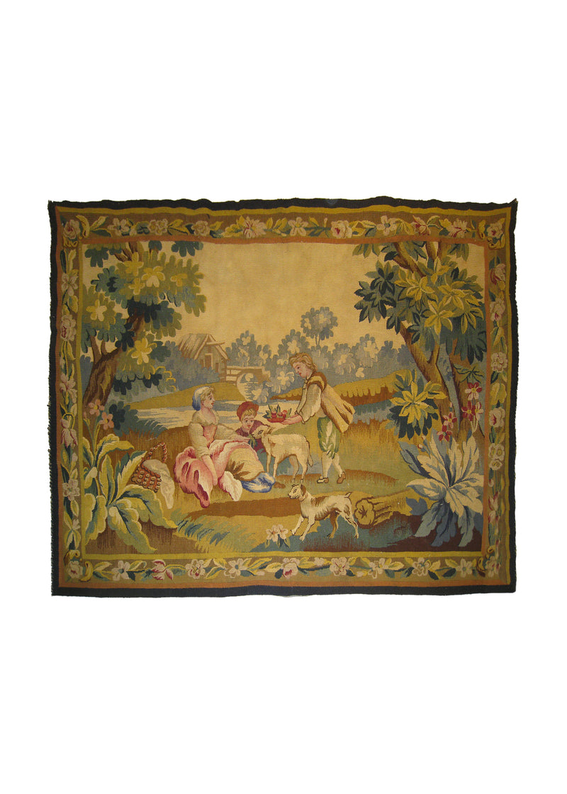 A25212 European Rug Handmade Area Traditional Antique 4'3'' x 5'6'' -4x6- Whites Beige Blue Tapestry Pictorial France Design