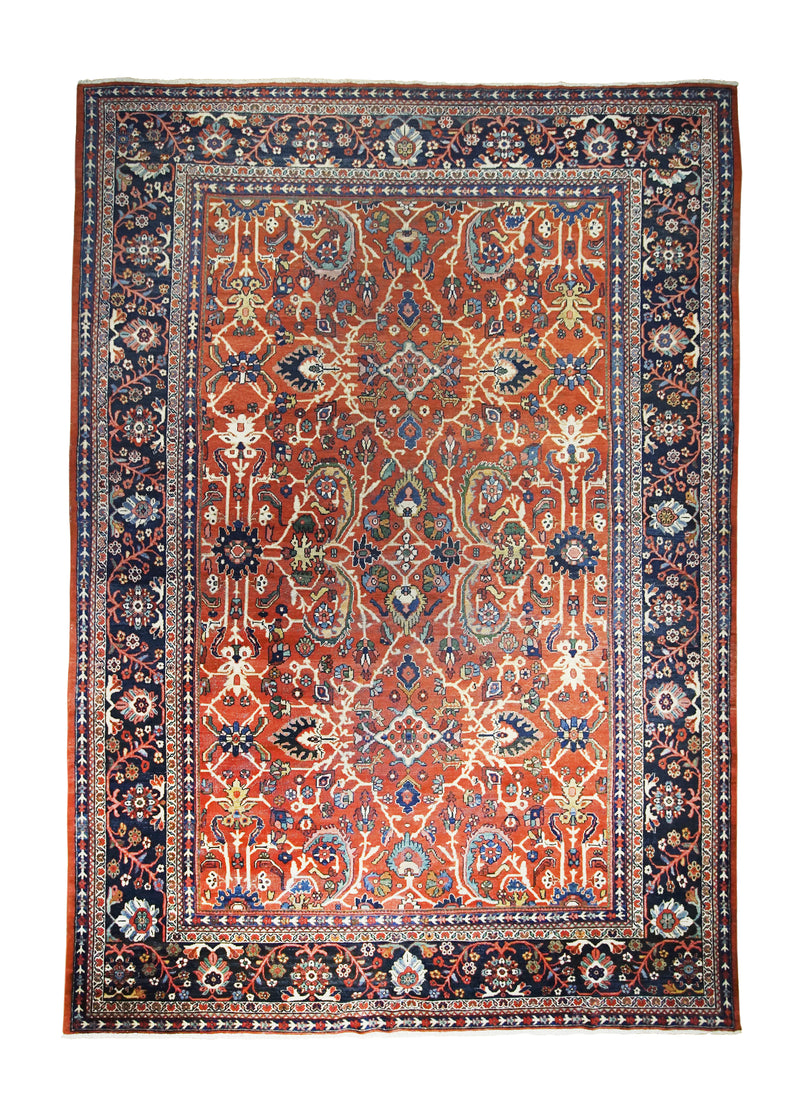 A25213 Persian Rug Mahal Handmade Area Tribal Antique 9'2'' x 13'3'' -9x13- Red Blue Floral Design