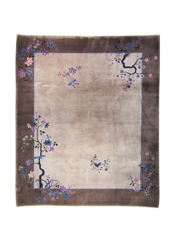 A25226 Oriental Rug Chinese Handmade Area Traditional Antique 7'12'' x 9'5'' -8x9- Whites Beige Brown Purple Art Deco Floral Design