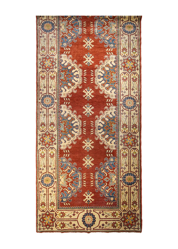A25250 Oriental Rug Pakistani Handmade Runner Transitional Tribal 4'7'' x 11'7'' -5x12- Red Whites Beige Blue Antique Washed Kazak Geometric Design