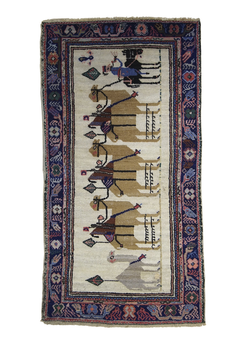 A25258 Oriental Rug Turkish Handmade Area Traditional Antique 2'9'' x 5'1'' -3x5- Whites Beige Blue Pictorial Design