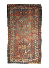 A25275 Caucasian Rug Gharabagh Handmade Area Tribal Antique 4'4'' x 6'10'' -4x7- Red Whites Beige Blue Chondzoresk Claud-Band Geometric Design
