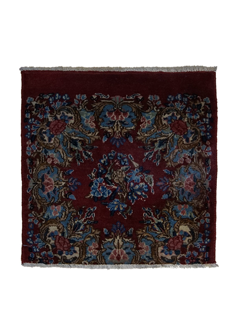 A25291 Persian Rug Lavar Kerman Handmade Square Traditional Antique 1'8'' x 1'8'' -2x2- Red Blue Floral Design