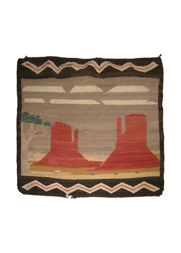 A25377 Native American Rug Navajo Handmade Area Tribal Antique 2'2'' x 2'8'' -2x3- Gray Brown Red Pictorial Geometric Design