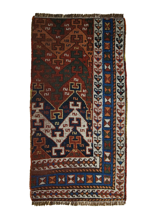 A25408 Caucasian Rug Kazak Handmade Area Tribal Antique 1'7'' x 3'3'' -2x3- Red Blue Geometric Partition Design
