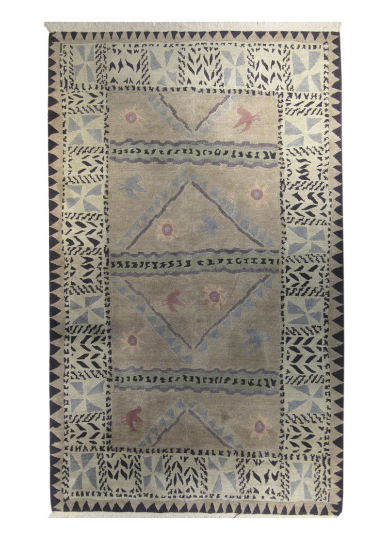 A25428 Oriental Rug Tibetan Handmade Area Modern 4'11'' x 8'1'' -5x8- Whites Beige Green Geometric Design