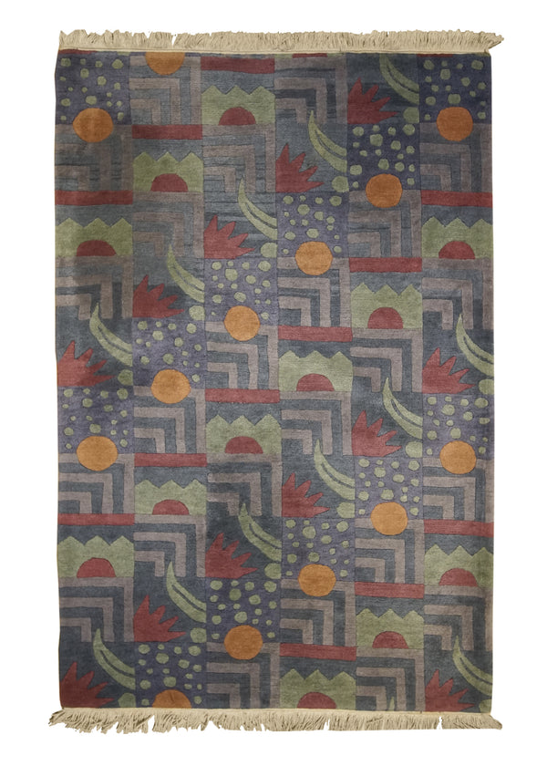 A25433 Oriental Rug Tibetan Handmade Area Modern 4'0'' x 6'0'' -4x6- Multi-color Purple Blue Geometric Art Deco Design