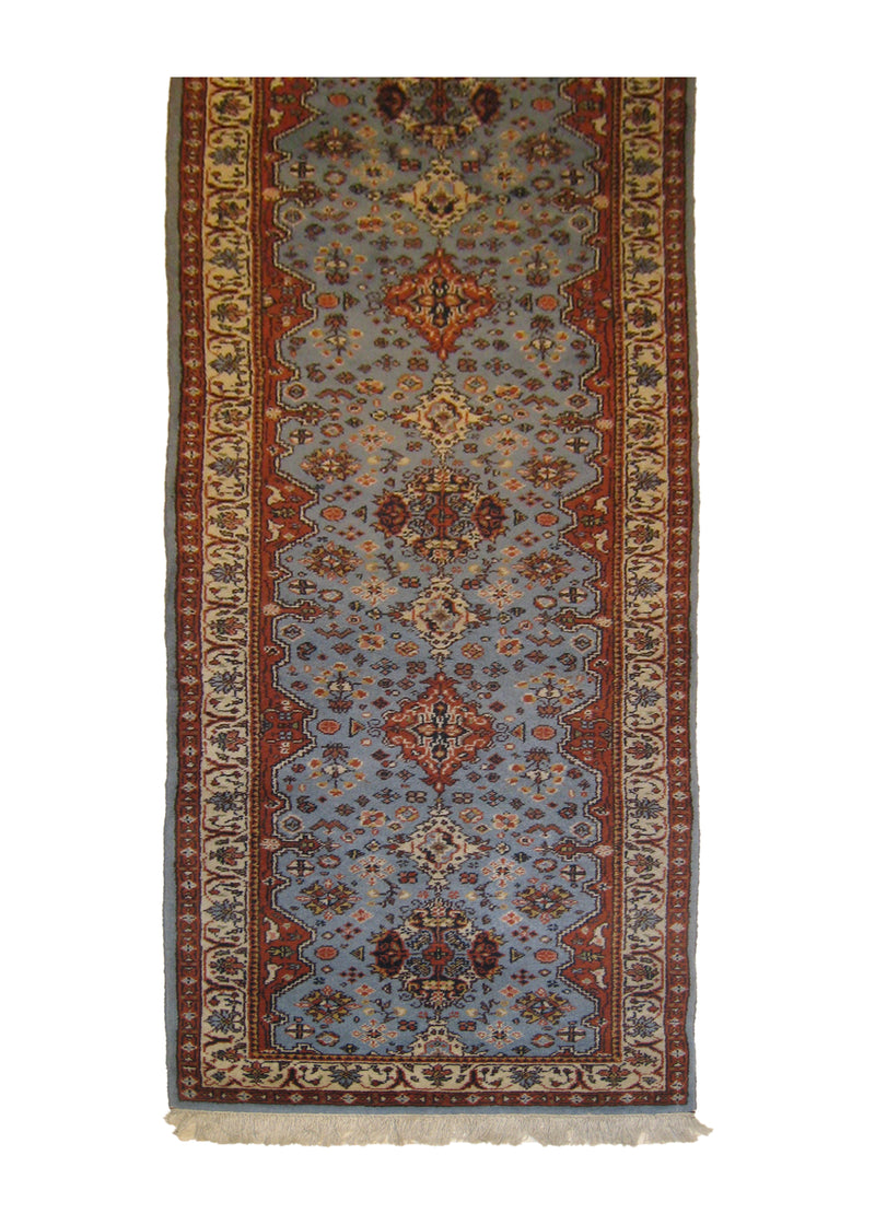 A25438 European Rug Handmade Runner Traditional 2'6'' x 13'4'' -3x13- Blue Whites Beige Red Floral Design