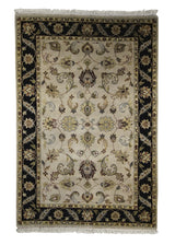 A25516 Oriental Rug Indian Handmade Area Transitional 4'0'' x 6'1'' -4x6- Whites Beige Black Tea Washed Floral Design