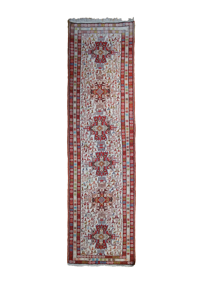 A25547 Persian Rug Azerbaijan Handmade Runner Tribal 2'5'' x 9'3'' -2x9- Whites Beige Red Geometric Design