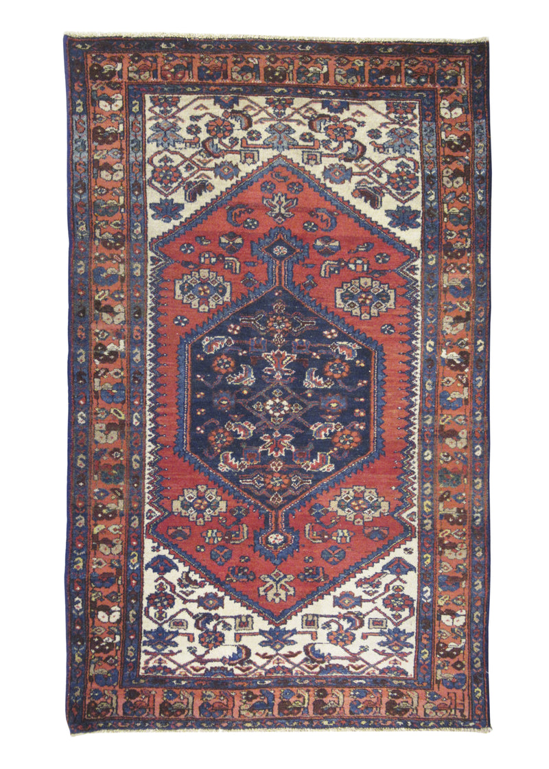 A25617 Persian Rug Hamadan Handmade Area Tribal Antique 4'2'' x 6'7'' -4x7- Red Blue Geometric Design