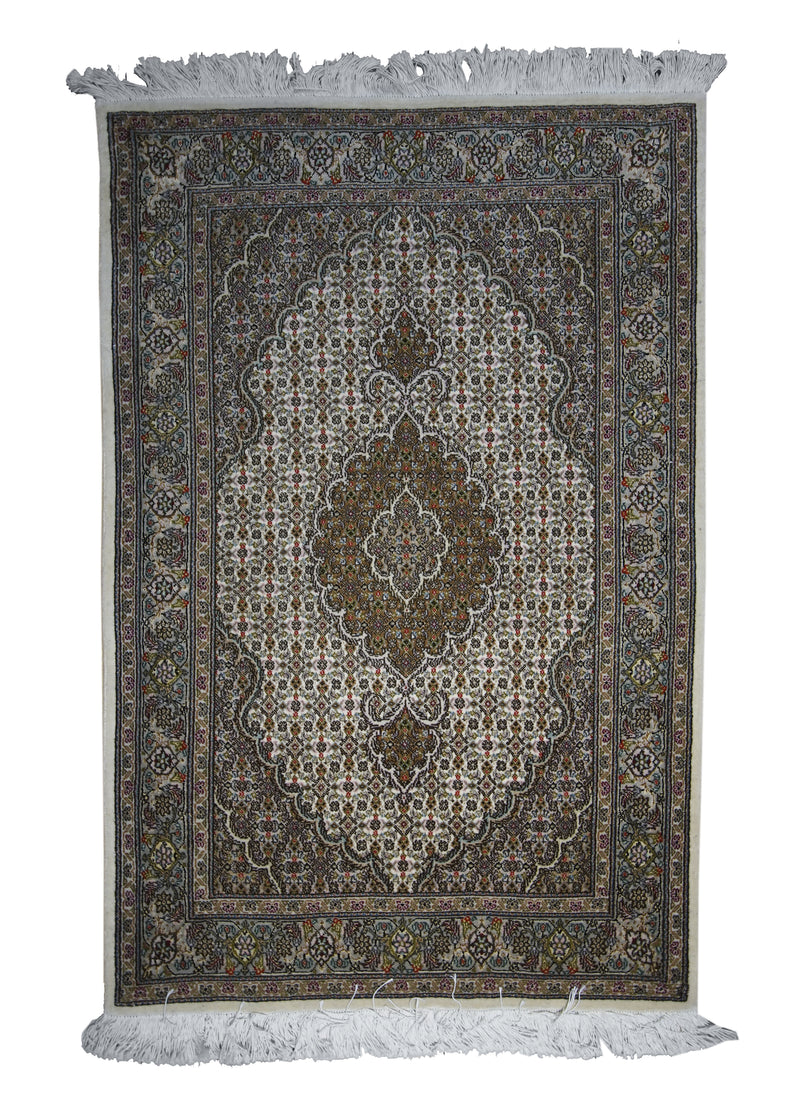 A25627 Persian Rug Tabriz Handmade Area Traditional 2'8'' x 4'0'' -3x4- Whites Beige Green Mahi Fish Design